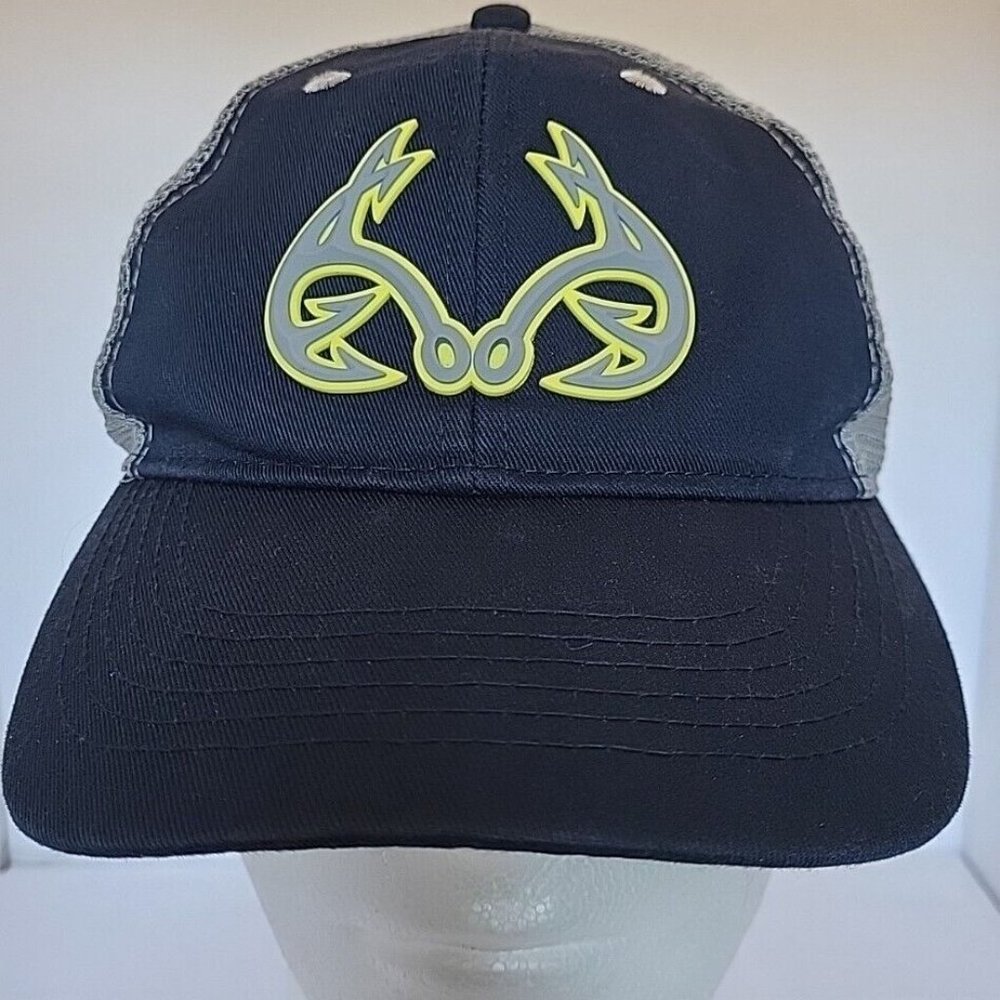 Realtree Fishing 3D Logo Real Tree Navy‎ Neon Yellow Mens Trucker Cap Hat